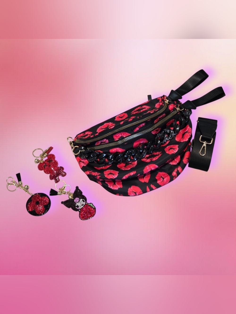 Bum Bag Bundle | Red Lip Nylon Crossbody +Acrylic Chain & 3 Bag Charms